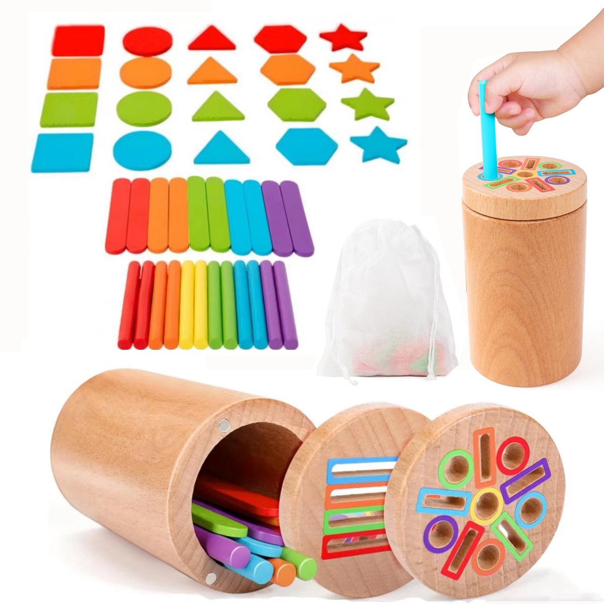 Montessori Houten Peuterspeelgoed – 3-in-1 Leer- en Fijne Motoriekset – Educatief Sensorisch Sorteerspeelgoed (Kleuren) voor 3+ Jaar – Cadeaus voor Jongens & Meisjes