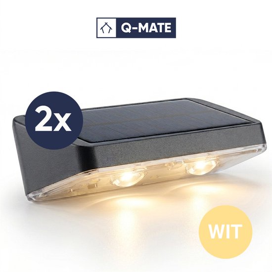 Zwarte buitenlamp met zonnepaneel en twee witte LED-lampen, '2x' en 'WIT' aangegeven.