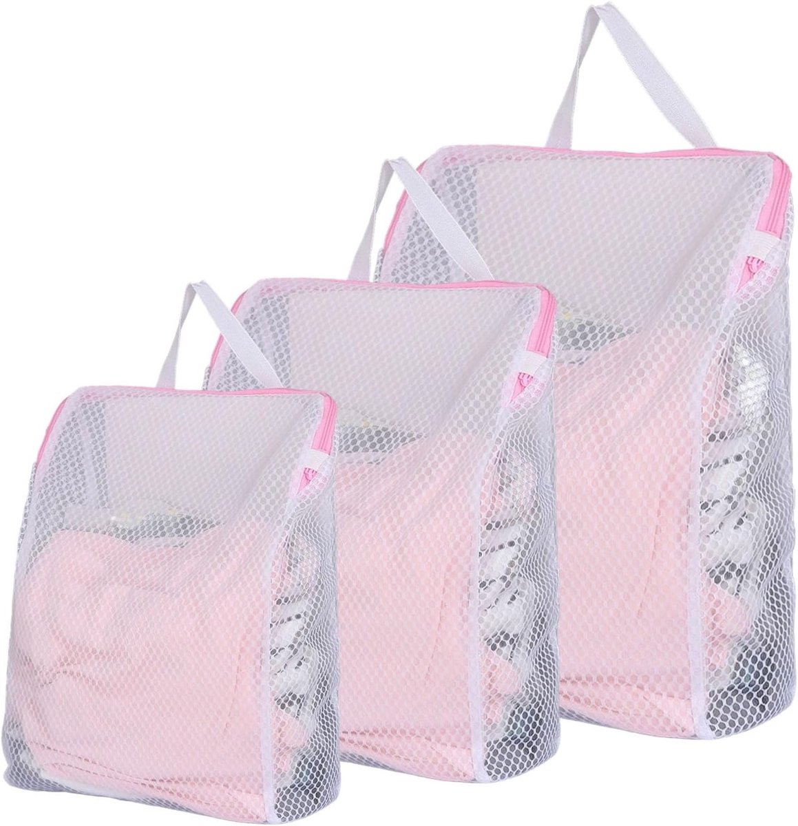 Herbruikbare waszakken set van 3 voor delicate kleding, ondergoed en sweaters - ideaal voor reizen en wasbehandeling (Roze)