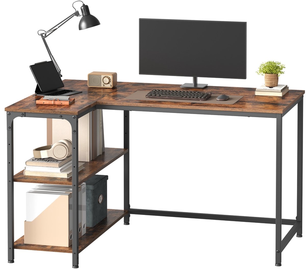 L-vormig computerbureau - 120 x 80 cm - Spaanplaat en staal - In hoogte verstelbare plank - Met stopcontacten en USB-poorten