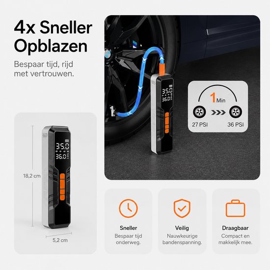 Sounix elektrische fietspomp - Oplaadbaar & Draagbaar - Tot 10.3 Bar - Voor Fiets, Scooter, Motor en Auto - Elektrische Bandenpomp — afbeelding 5
