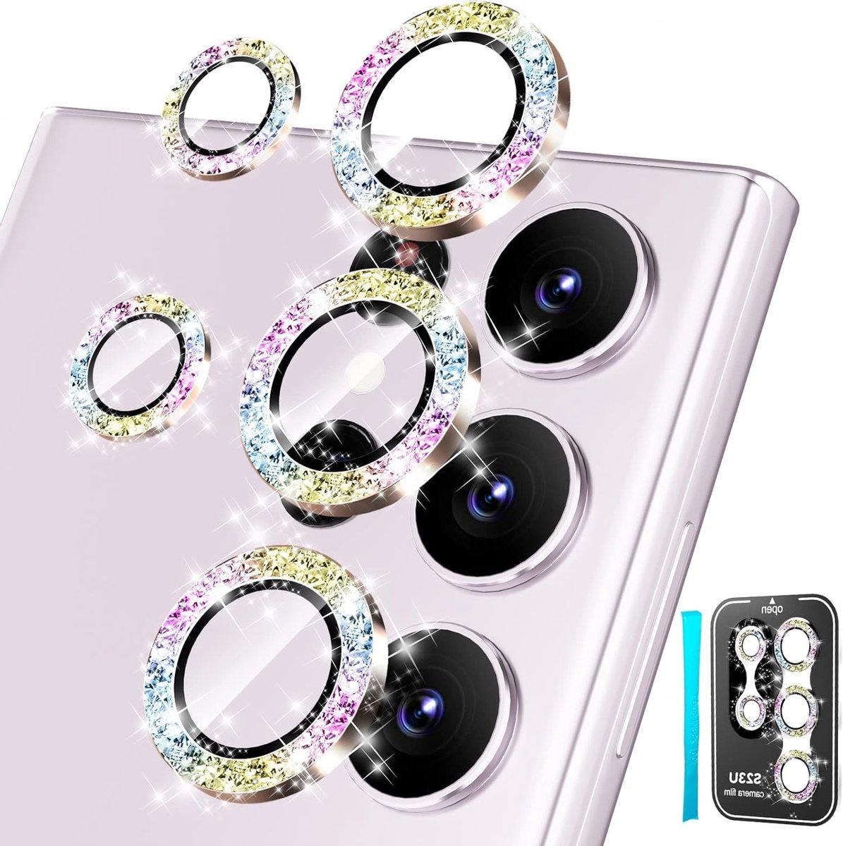 Ultra HD Tempered Glass 9H voor Samsung Galaxy S23 Ultra - Diamond Glossy Camera Bescherming en Aluminium Rand, Kleurrijk 2023