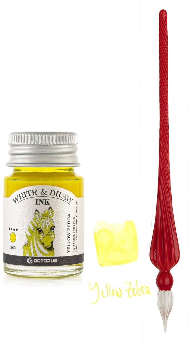 Glazen dip pen set in doosje - Rood - Potje Octopus inkt yellow zebra