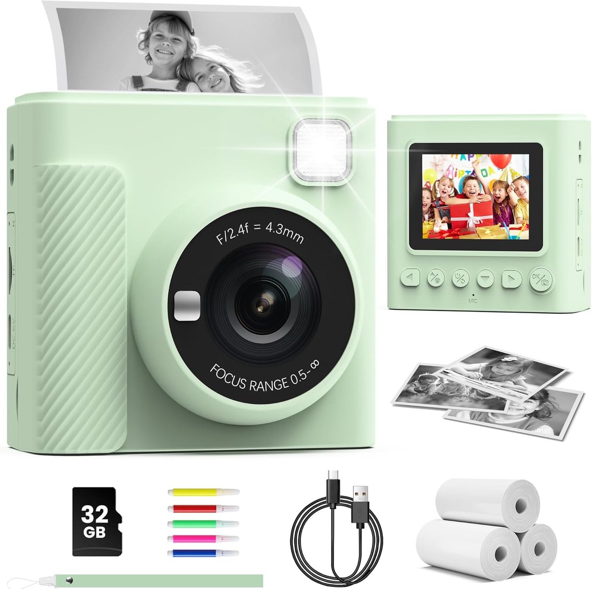 Kinder Camera - Direct Print Camera - Foto's Maken - Direct Print Technologie - 32GB Kaart - Groen