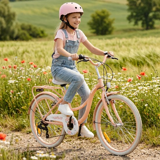 Flower Bike Kinderfiets 24 inch meisjes van 8 tot 12 jaar, Abrikoos, Fiets voor een meisje met 7 versnellingen, bagagedrager, metalen spatborden, V-brake, kettingkast van Flower Bike — afbeelding 5