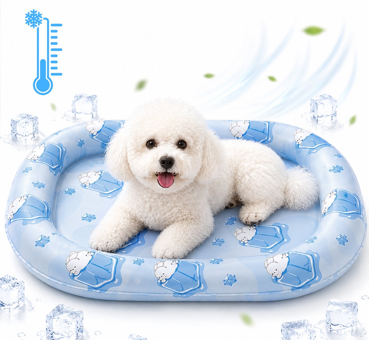 Koelmat voor Honden - Zelfkoelende Hondenmat - Zomer Koelkussen - Gelkoelbed - Fysieke Koeling - Hoge Rand - PVC Waterdicht - Voor Katten & Kleine Honden - Geen Elektriciteit - Blauw Met IJsberen - 72x48cm - 1 Stuk