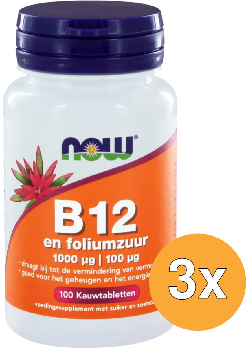 3x Now Vitamine B12 1000 mcg en Foliumzuur 100 mcg (100 kauwtabletten)
