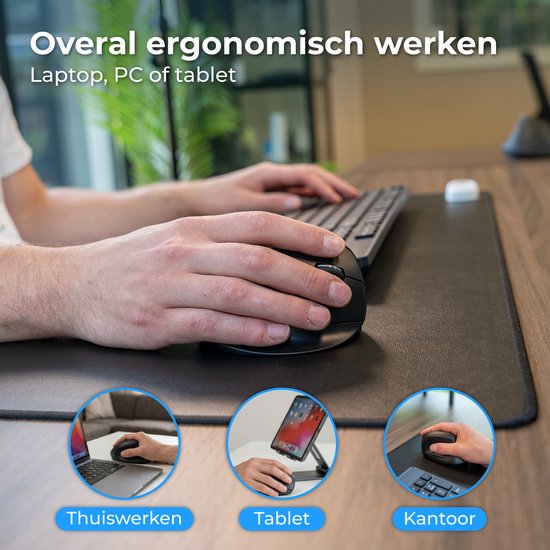 Drie kleine afbeeldingen: persoon die muis gebruikt met laptop, telefoon op standaard met muis, persoon die muis gebruikt met toetsenbord.