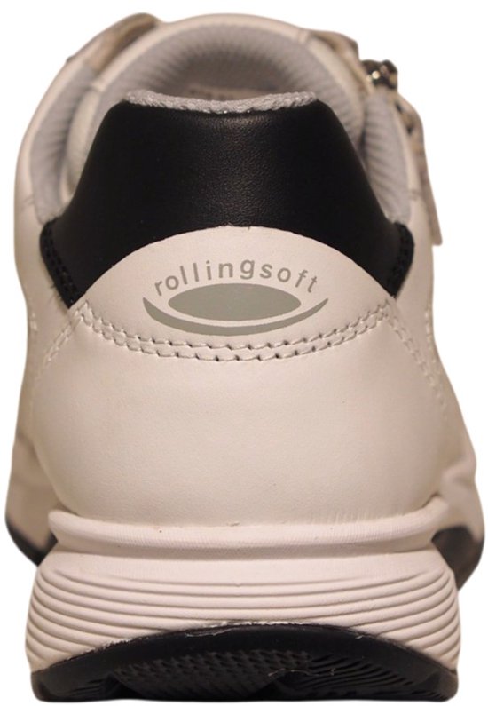 Witte sneaker met zwarte achterkant en Rollingsoft logo.