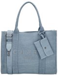 Lichtblauwe denim shopper met 'CHARM LONDON' opdruk, hengsels, afneembare schouderband en een klepje.