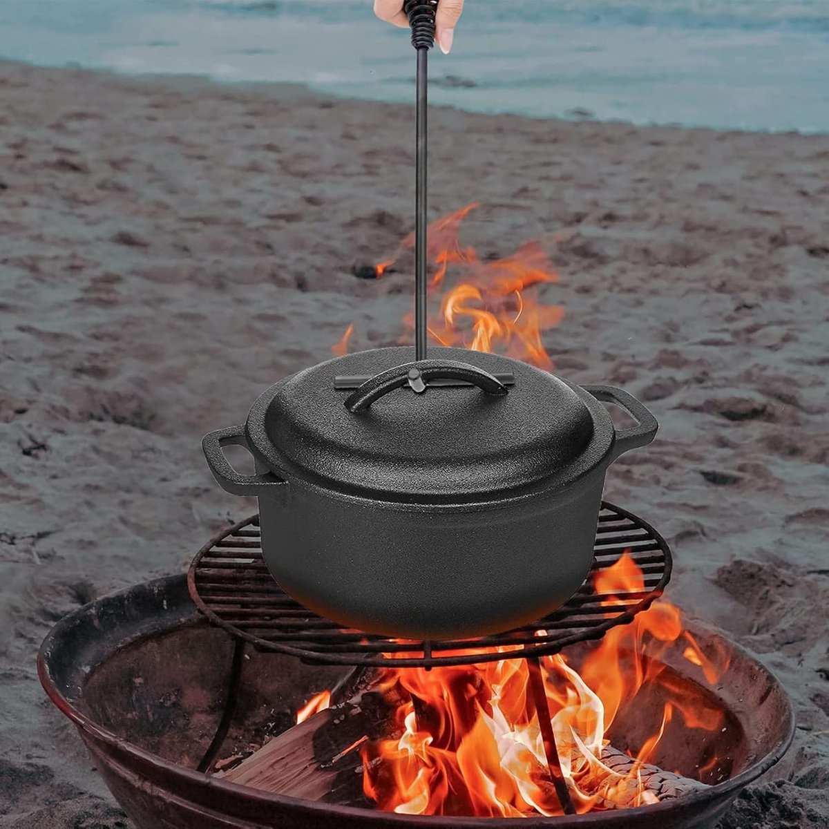 Dutch Oven Deksel lifter - Gietijzeren handgreep - Veilig koken - Spiraalvormig handvat - 195 cm - Zwart