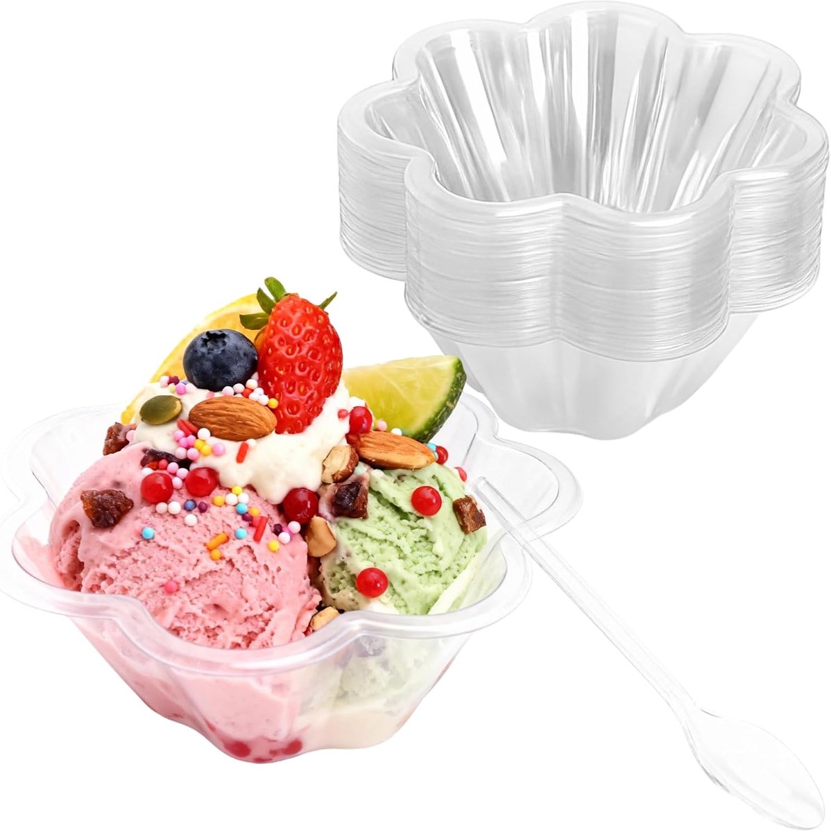 JeiibrZui 50 Stuks Dessertbekers Kunststof Met Lepels - Transparant Bloemontwerp - Herbruikbaar Voor Feesten Huwelijken - Stapelbaar Ontwerp - Ideaal Voor Ijs Snacks En Salades