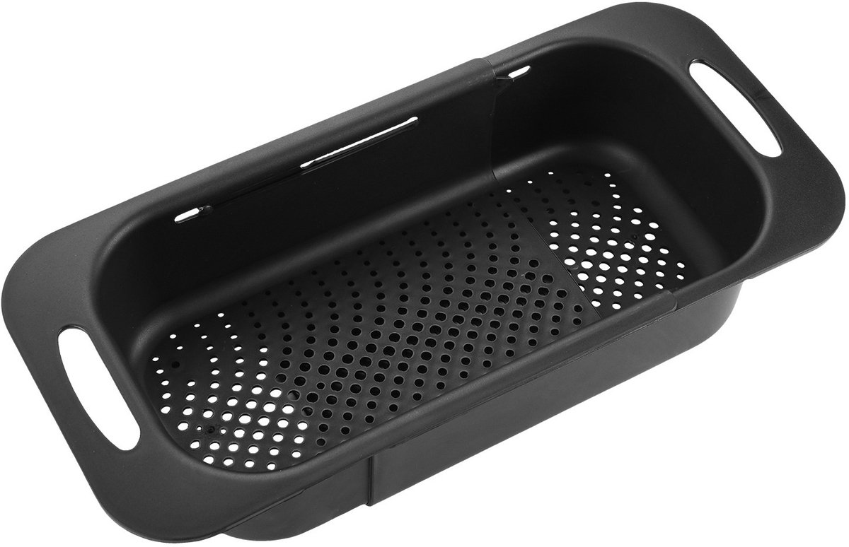 OLOEY Gootsteenvergiet zeefmand-groenten en fruit wassen-gekookte pasta afgieten-uitschuifbaar-keukenbenodigdheden (20 x 36,8-49,5 x 7 cm-B x L x H)-zwart