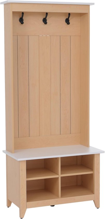 Houten hallekapstok met witte bovenrand, 3 zwarte haken, een zitbank en 4 opbergvakken.