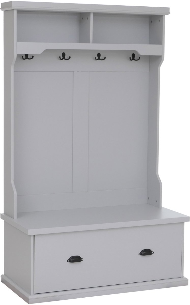 MCW Garderobekast MCW-P27, halgarderobekast, houten garderobekast met zitbank, 4 haken, opbergvak, melamine, 163 x 100 x 47 cm ~ lichtgrijs