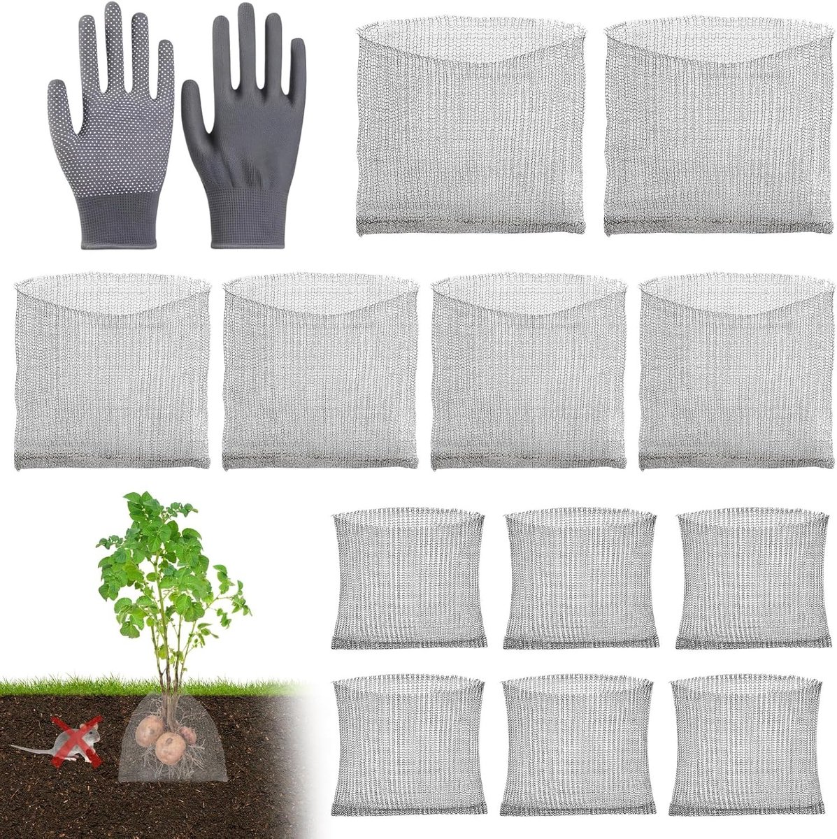 12 Stuks Roestvrij Stalen Woelmuizen met Handschoenen voor Plantenbescherming en Wortelbescherming in 3 Maten
