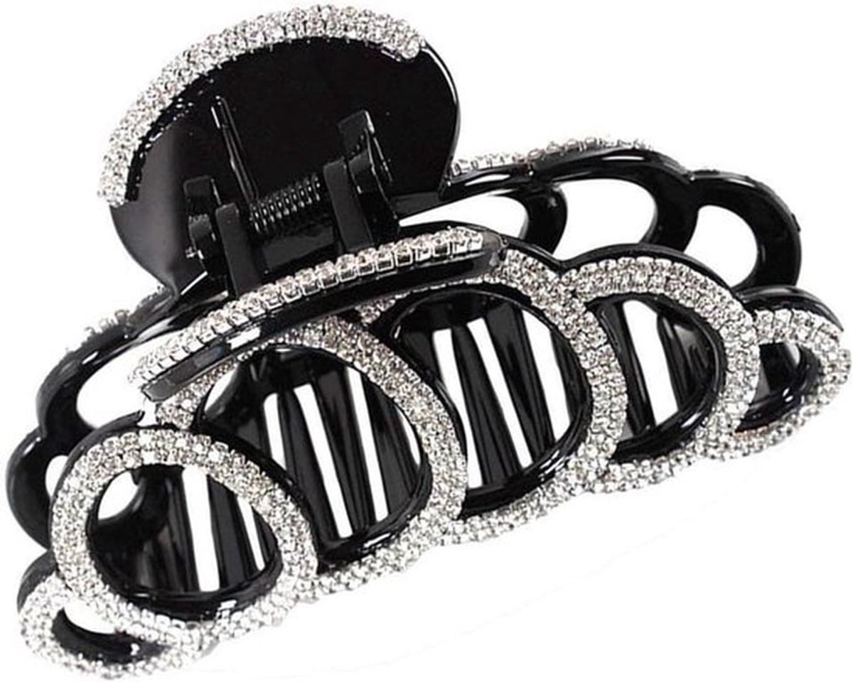 Zwarte acryl haarspeld met strass detail voor dik haar