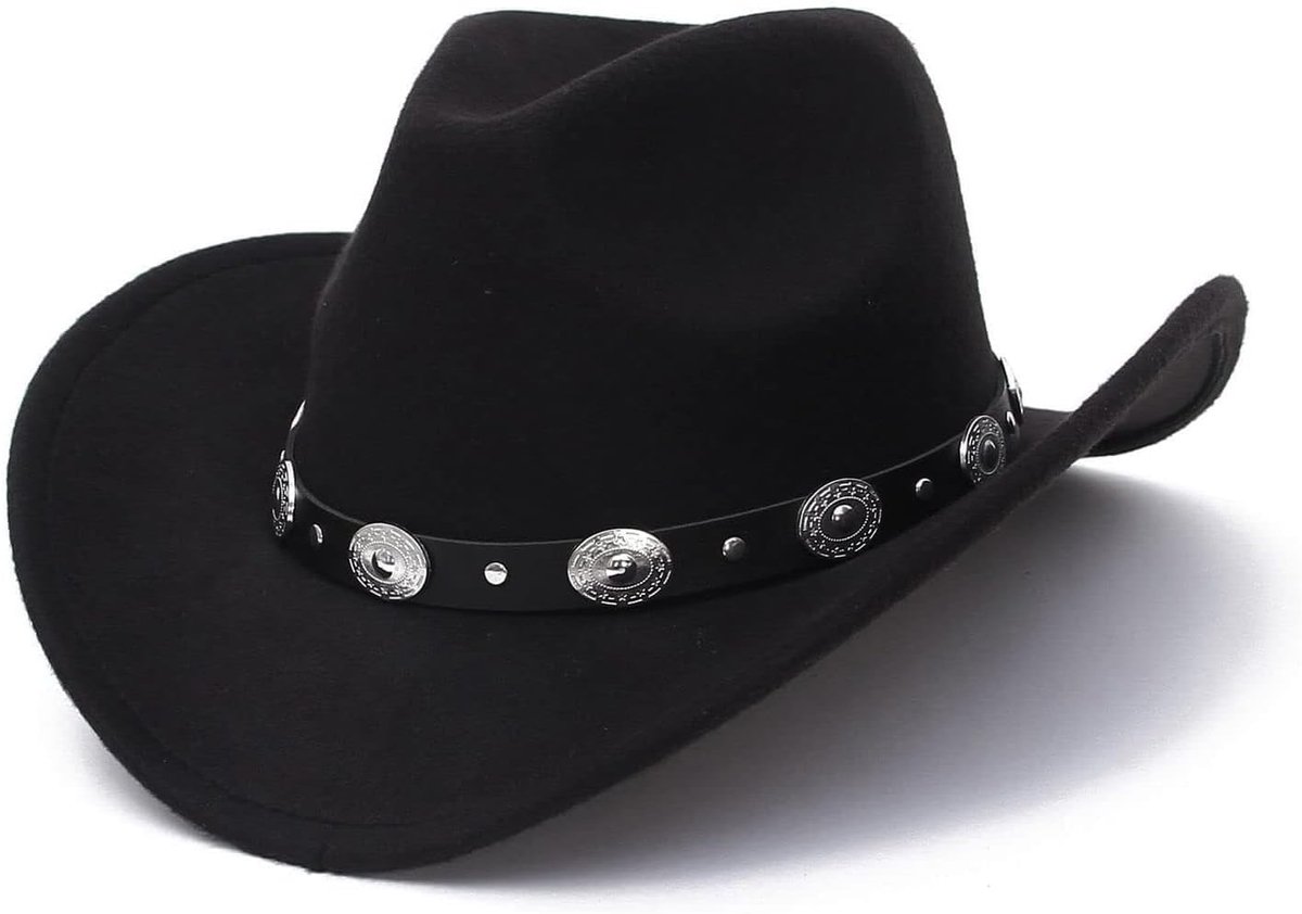 JeiibrZui Zwarte Cowboyhoed Filz - Unisex Western Stijl - 56-58 Cm Omtrek - Brede Rand Met Afneembare Gesp - Zwart