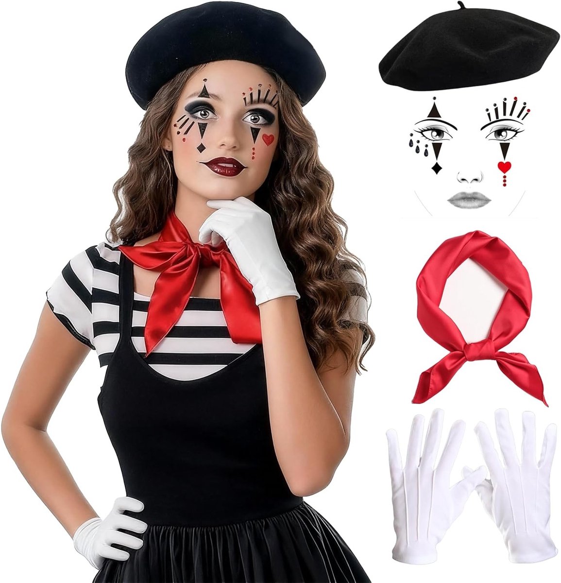 Pantomime Kostuum voor Mannen en Vrouwen, 4-Delige Set met Zwarte Hoed, Rode Stof, Witte Handschoenen en Gezichtstatoeage, Ideaal voor Carnaval, Halloween en Themafeesten