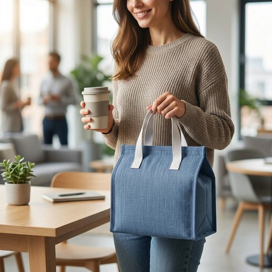 Lichtblauwe koeltas dames en heren draagbare lunch tas geïsoleerde handtas met dubbele handgreep effen lunchbox tas geschikt voor werk school picknick woon werkverkeer en dagelijks gebruik rechthoekige tote bag stijl van NUVEX — afbeelding 4