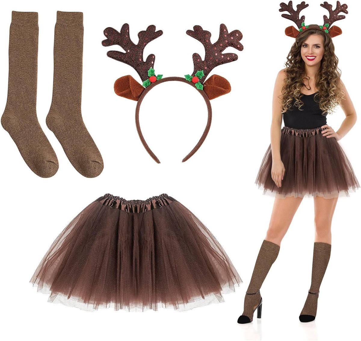 Drie-delige rendier kostuum voor dames met oren en gewei, tutu, sokken, perfect voor carnaval, Halloween en kerstfeest, ideaal voor cosplay en feestjes