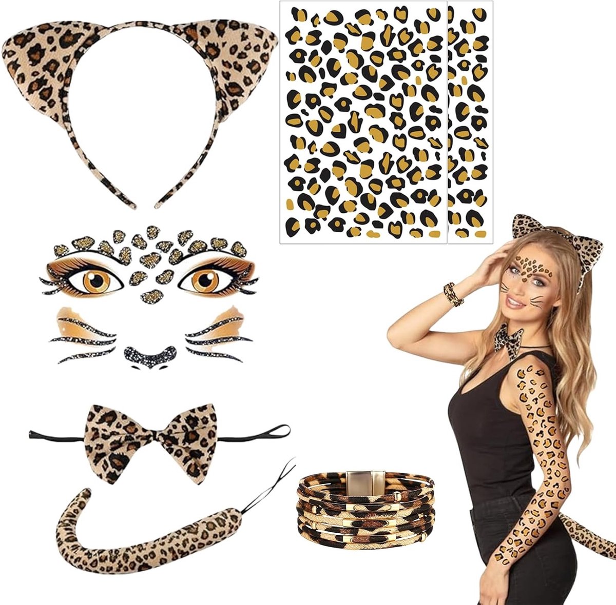 Leopard Kostuum Set met Oren, Haarbanden, Strikjes, Staart, Gezichtstickers en Tattoo Stickers voor Carnaval en Feestjes