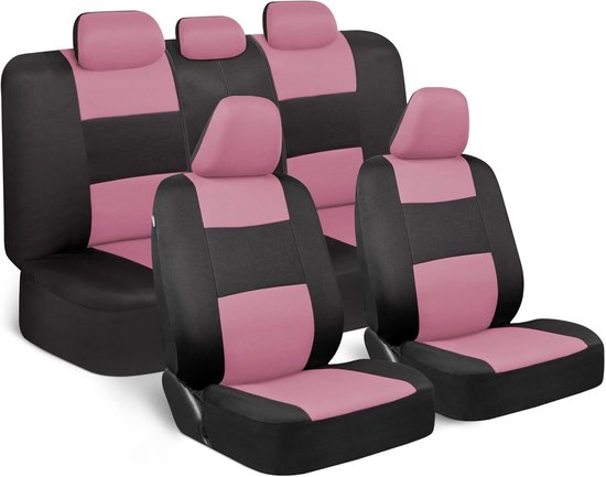 autostoelhoezen, volledige set in roze op zwart, gesplitste zitbank voor en achter voor auto's, eenvoudig te installeren, accessoires, auto, vrachtwagens, bestelwagen, SUV