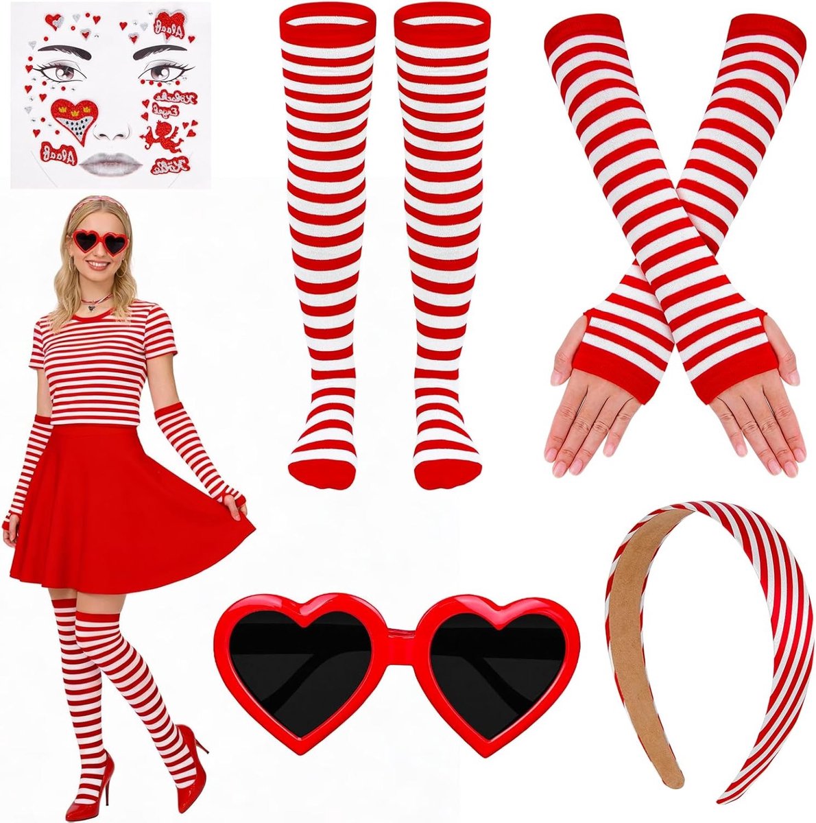 Carnavalskostuum Rood Wit voor Dames met Accessoires zoals Haarband, Handschoenen en Make-up Tattoos voor een Feestelijke Look