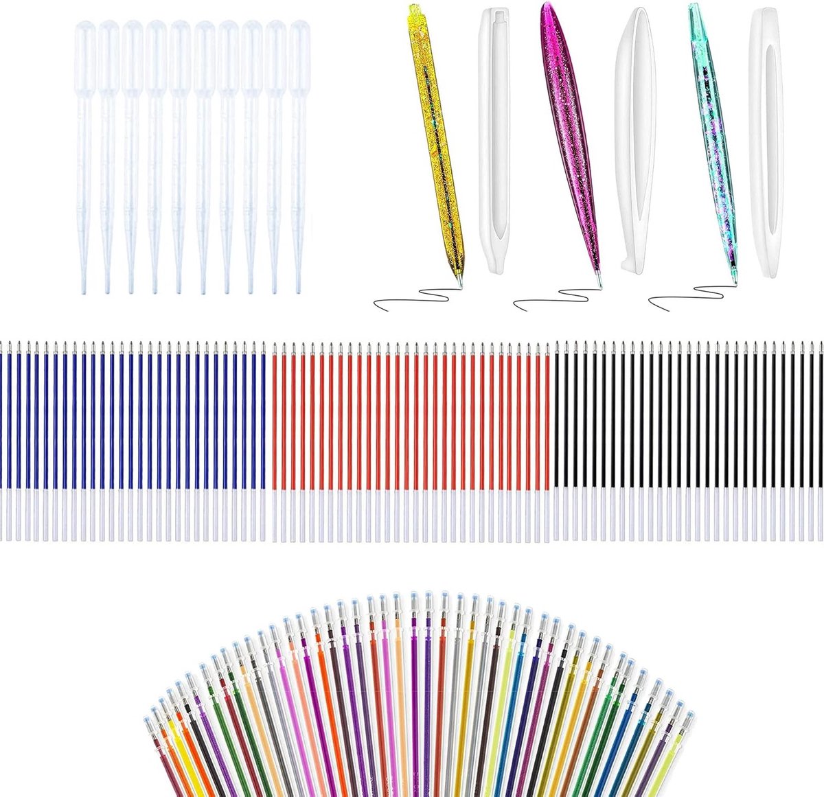 Complete Set van 127 Stuks Penvormige Harsmal met 3 Silicone Gietmallen, 92 Balpennen en 10 Plastic Doppers voor Hars Gieten en Creatieve Projecten