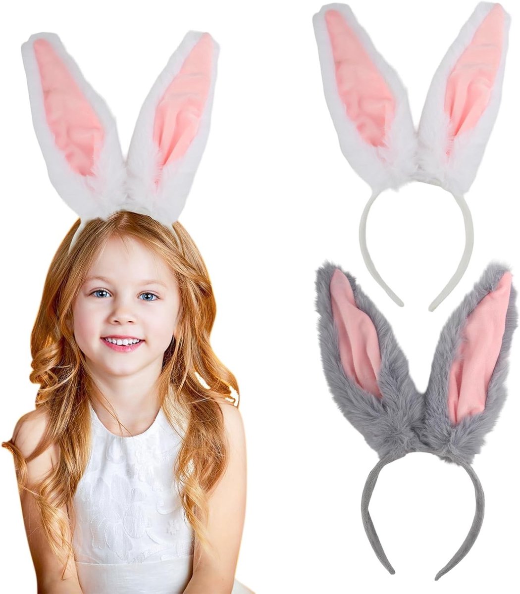 Set van 2 Pluche Konijnenoren Haarband voor Vrouwen - Schattige Paasaccessoire voor Kinderen en Kostuums, Perfect voor Rollenspellen en Feestjes (Wit + Grijs)