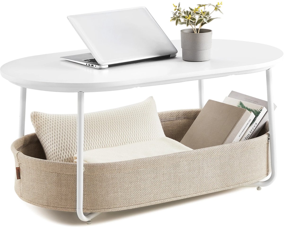 M Goods M-Goods - Ovale Salontafel met Opbergruimte - Moderne Salontafel - Salontafel Wit - Stoffen Opbergmand - 100 x 55 cm