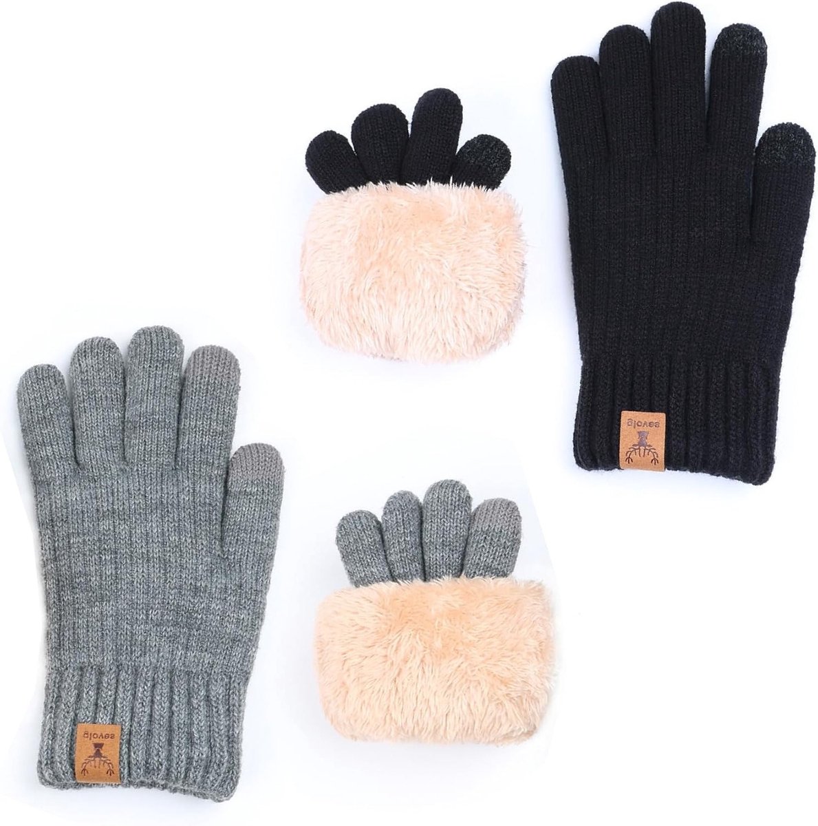 Set van 2 Winterhandschoenen voor Dames - Touchscreen Fleece Warm - Ideaal voor Hardlopen, Skiën en Fietsen, Zwart en Lichtgrijs