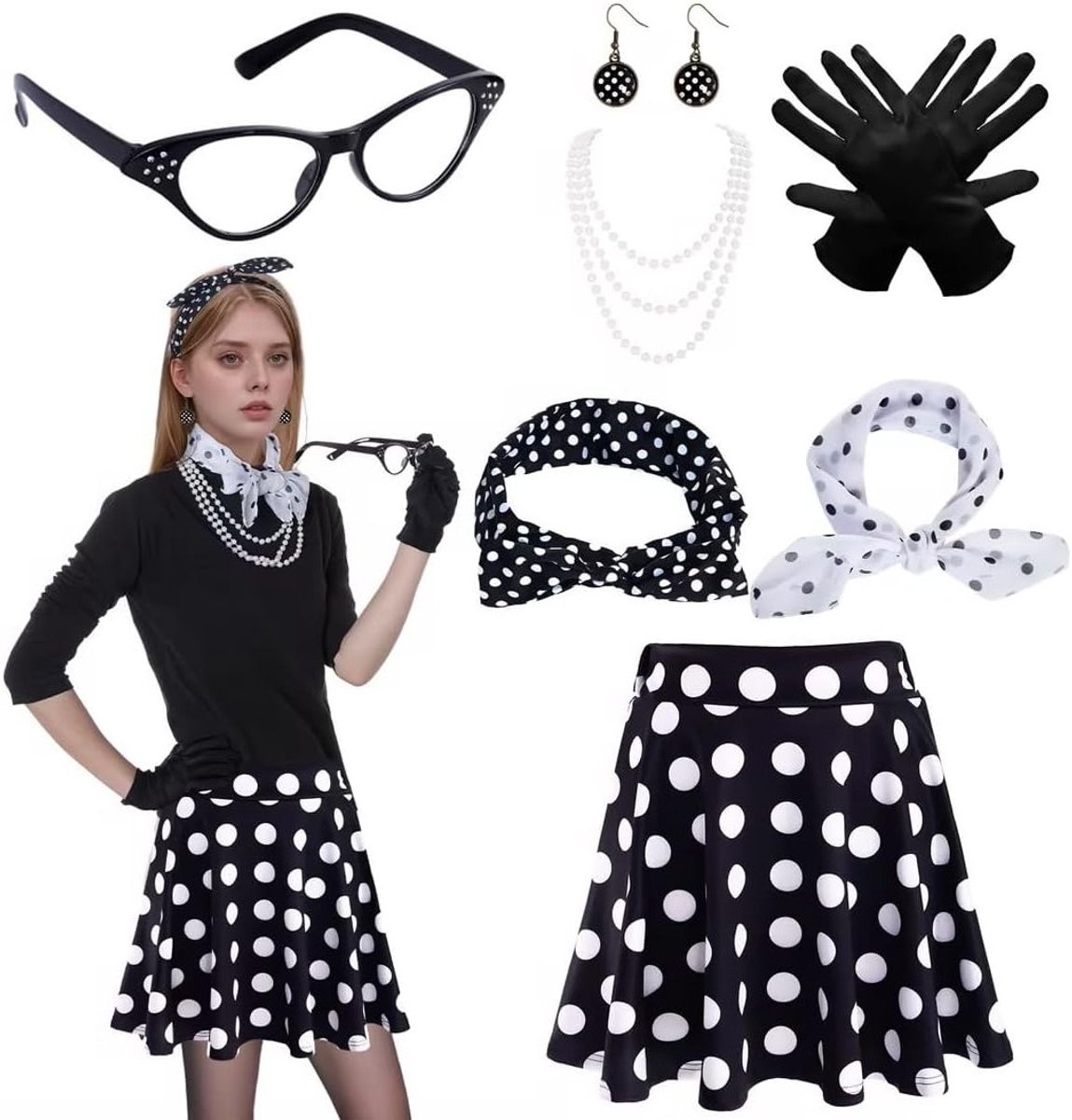 Retro 50s Kostuumset voor Vrouwen met Hoge Taille Mini Rok, Polka Dot Hoofdband, Cat Eye Bril en Rode Chiffon Sjaal voor Feestjes en Thema Parties
