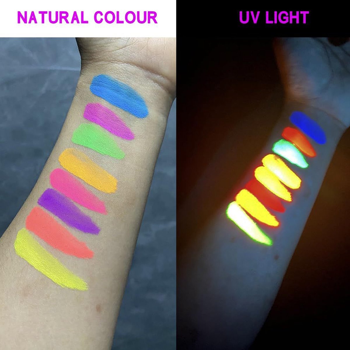 Schminkstiften - Schmink Set Krijtjes - 6 kleuren, 12 stuks -Fluoriserend UV Neon Glow in the Dark Krijtjes-Giftige Gezichtsverfkrijtjes voor Halloween Cosplay Make-up-Helderste Glow onder UV-Licht — afbeelding 7