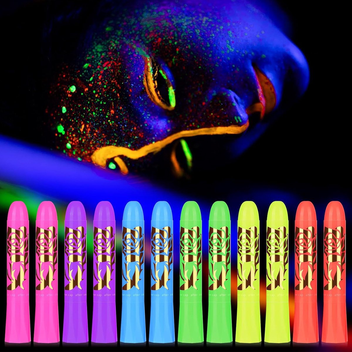 Schminkstiften - Schmink Set Krijtjes - 6 kleuren, 12 stuks -Fluoriserend UV Neon Glow in the Dark Krijtjes-Giftige Gezichtsverfkrijtjes voor Halloween Cosplay Make-up-Helderste Glow onder UV-Licht