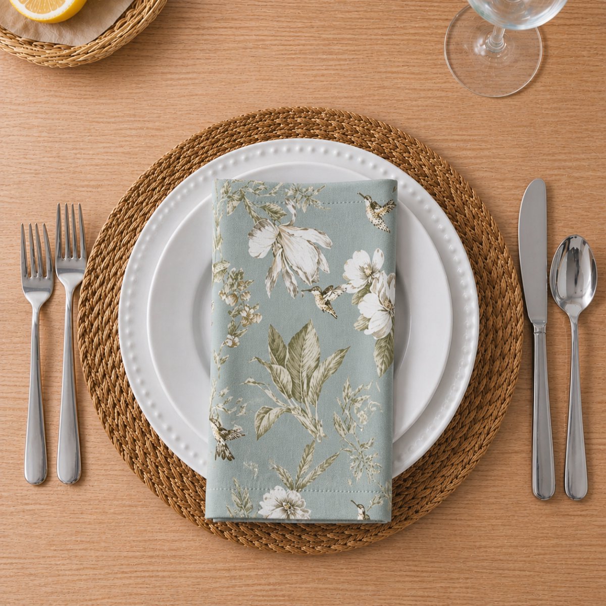 Tavas Servetten - 30 x 30 cm - Set van 4 stuks - Saliegroen - Vogeltuin - Katoen — cadeau in Wonen & Interieur - foto 4