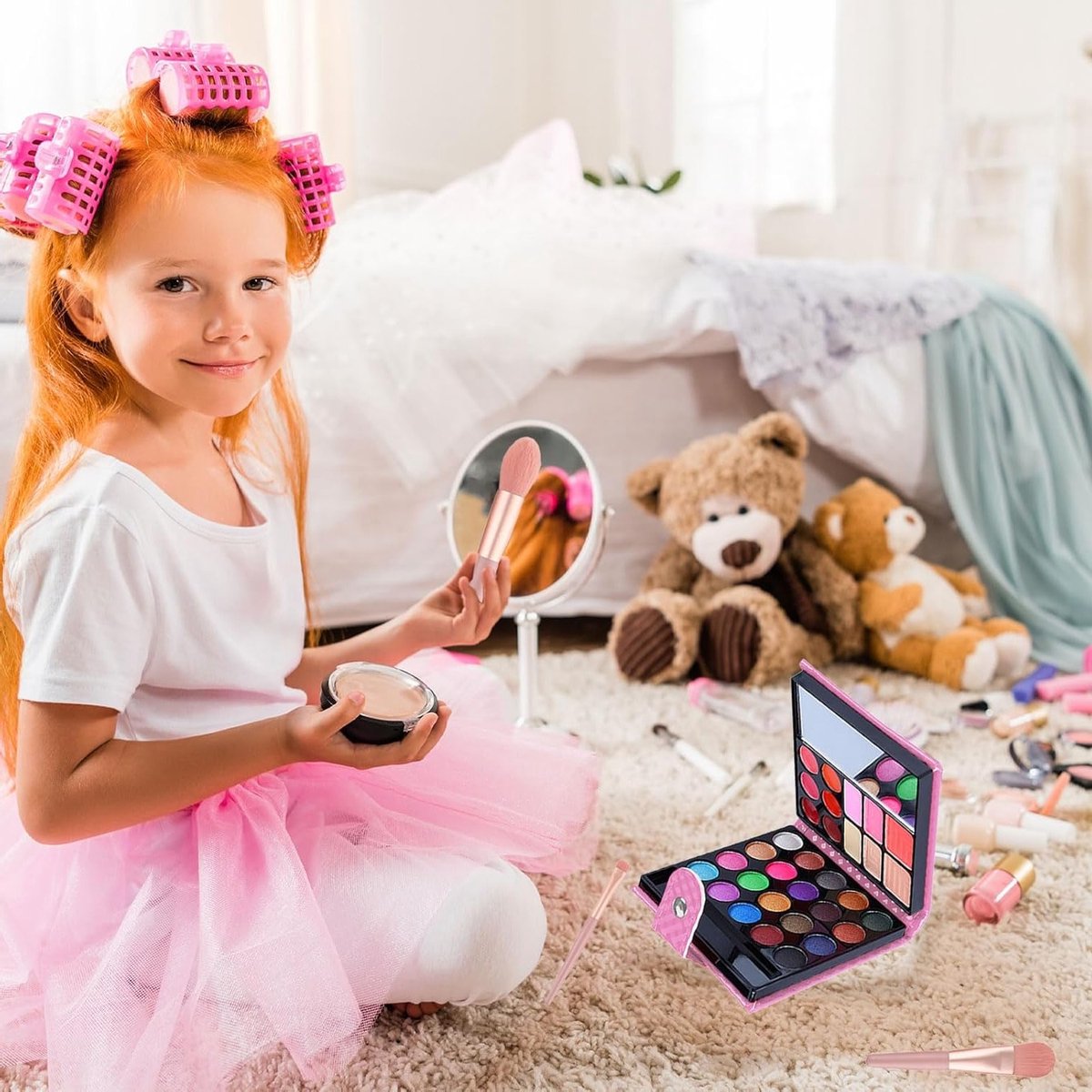 Kids Make-up Set met 9 Kwasten en 32 Kleuren, Veilig en Wasbaar Cosmetica Speelgoed voor Verjaardagen, Feestjes en Prinsessen — afbeelding 6