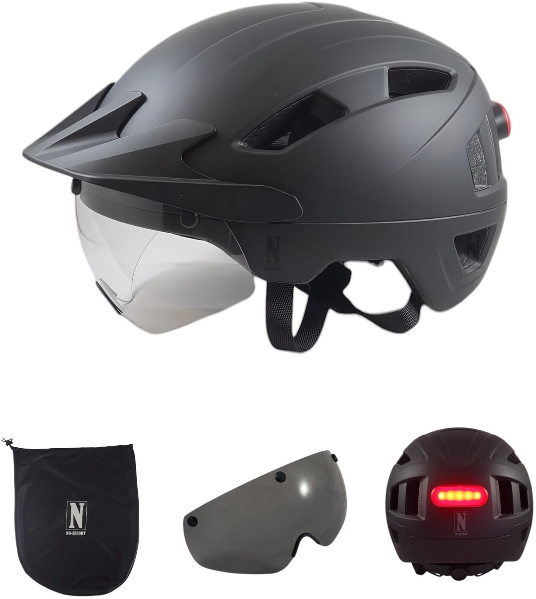 NO-EFFORT Fietshelm Volwassenen met Zonneklep – Met LED Verlichting - Verstelbare Fiets Helm – Elektrische Fiets – Fatbike – Speedpedelec – Maat M 55 - 58 cm – Zwart – Cycling Helmet
