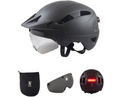 NO-EFFORT Fietshelm Volwassenen met Zonneklep – Met LED Verlichting - Verstelbare Fiets Helm – Elektrische Fiets – Fatbike – Speedpedelec – Maat M 55 - 58 cm – Zwart – Cycling Helmet
