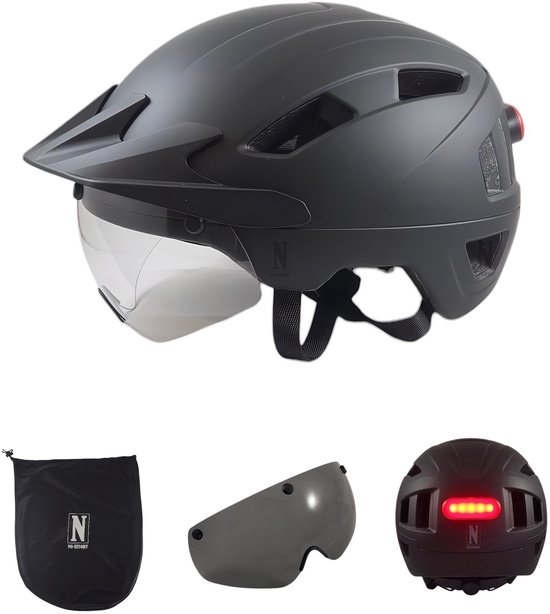 Casque de vélo NO-EFFORT pour adultes avec visière pare-soleil – Avec éclairage LED - Casque de vélo réglable – Vélo électrique – Fatbike – Speedpedelec – Taille M 55 - 58 cm – Noir – Casque de cyclisme