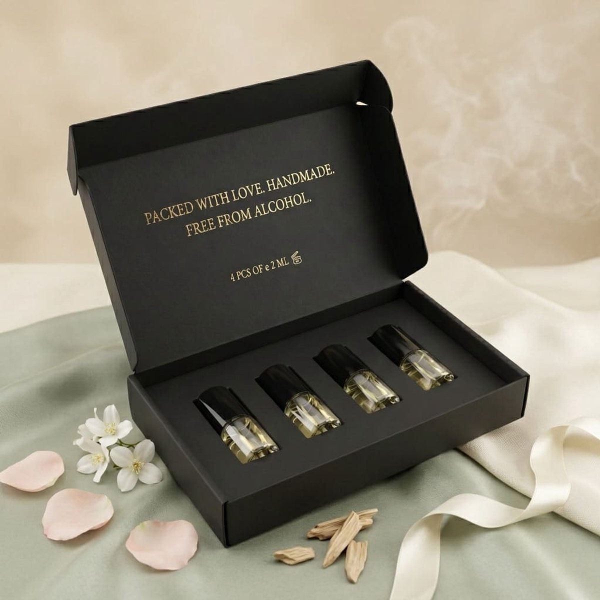 Jamila's Soft Musk & Floral Discovery Set - Parfum olie testpakket - 4 x 2ML - Alcoholvrije parfumolie - Musk, Roos, Jasmijn & Oudh - Arabische parfum