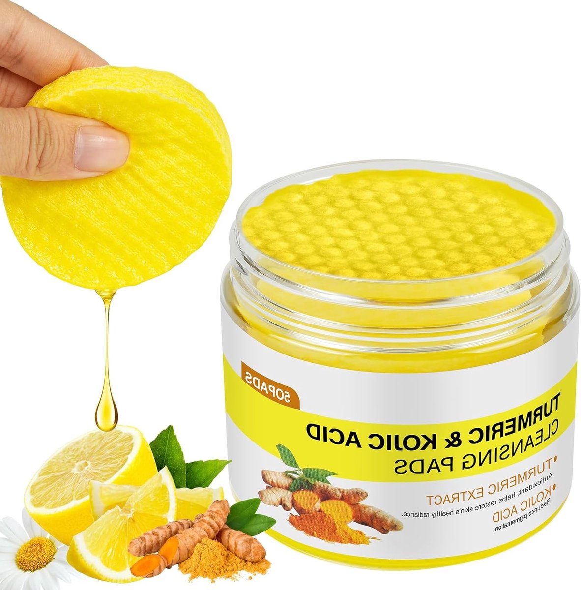 Kruidige Kurkuma Reinigingspads met Kojic Acid voor Exfoliatie en Diepe Reiniging van de Gevoelige Huid, Ideaal voor een Stralende Teint en Verfrissing