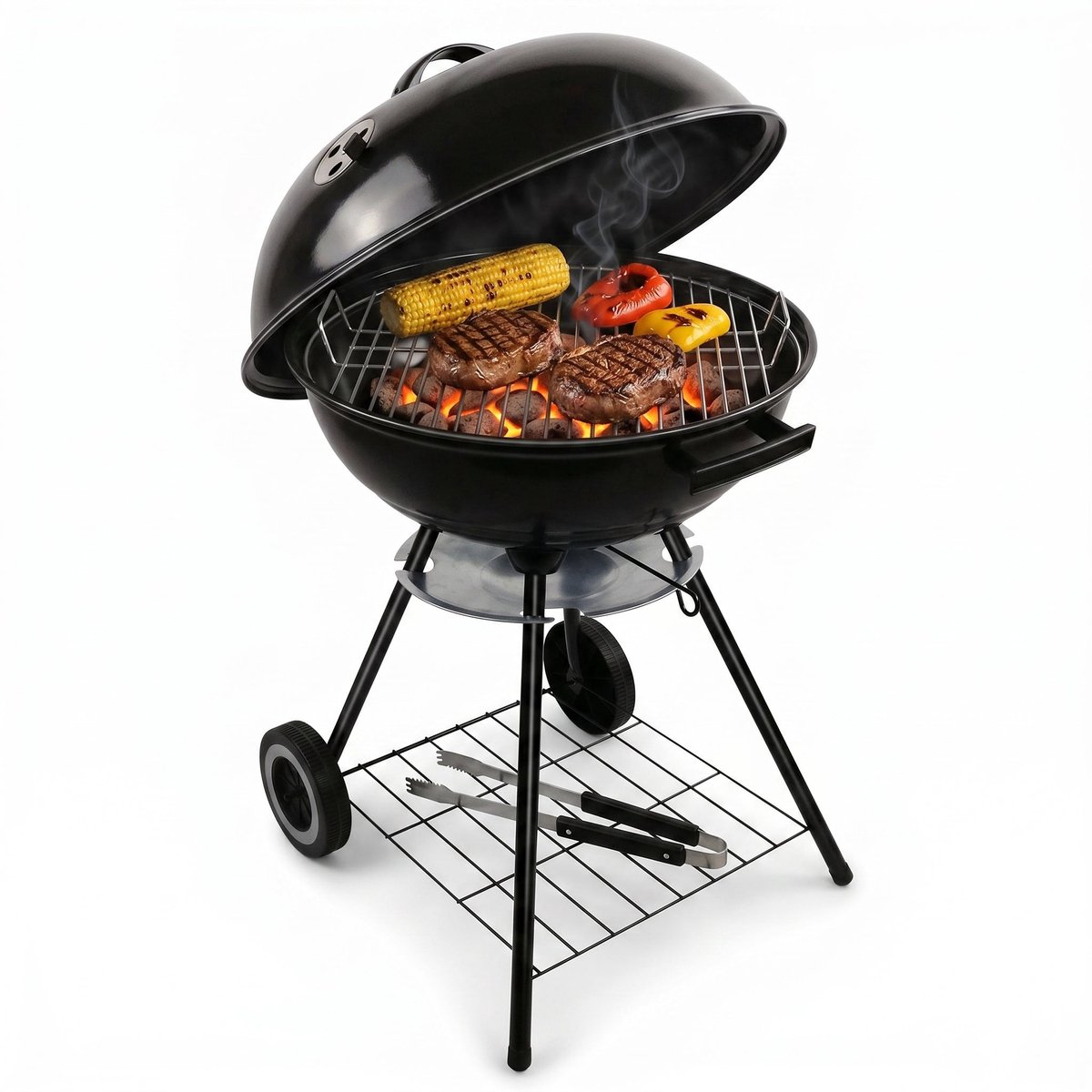 Cheqo® Kogelbarbecue met Deksel en Wielen - Houtskoolbarbecue - Ronde Barbecue - Grillrooster - Asopvangbak - Instelbare Luchttoevoer - Opbergrooster - Kogelgrill - Ketelbarbecue - voor Tuin, Balkon en Camping - BBQ - Barbeque