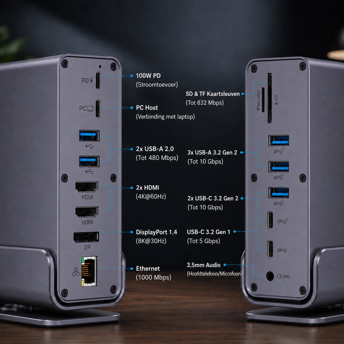 Rolio Laptop USB-C Docking Station - 16 in 1 - Triple Monitor 4K@60Hz (2x HDMI & 1x DisplayPort) - USB 3.2 - 100W Opladen - Hub - 1GB Ethernet thumbnail 2