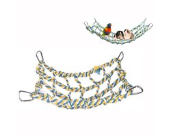 Kleurrijk vogeltouw - Kleurrijk klimtouw voor kooien - Huisdierhangmat - Accessoires voor muizenkooien - Speelnet - 32*25 cm - Geschikt voor kleine huisdieren zoals hamsters, muizen en papegaaien -Geel, blauw en wit