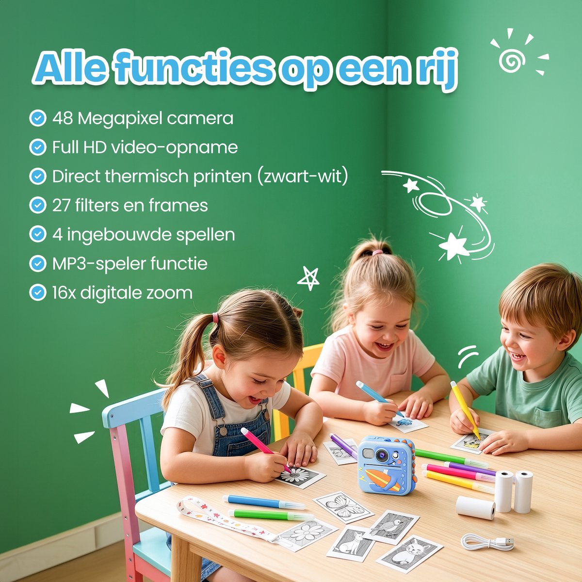 TinyPlay Kindercamera met foto printer - Siliconen Hoes - 48MP - Digitale Camera Kinderen - 32GB SD kaart - Full HD Foto en Video - Spelletjes - Fotoprinter - Kinder camera - Digitale kindercamera - Blauw – foto 3