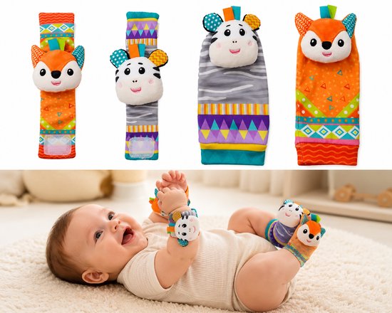 Baby Rammelaar Sokjes & Armbandjes Set – Sensorisch Babyspeelgoed met Geluid – Vosje & Zebra – Vanaf 3 Maanden