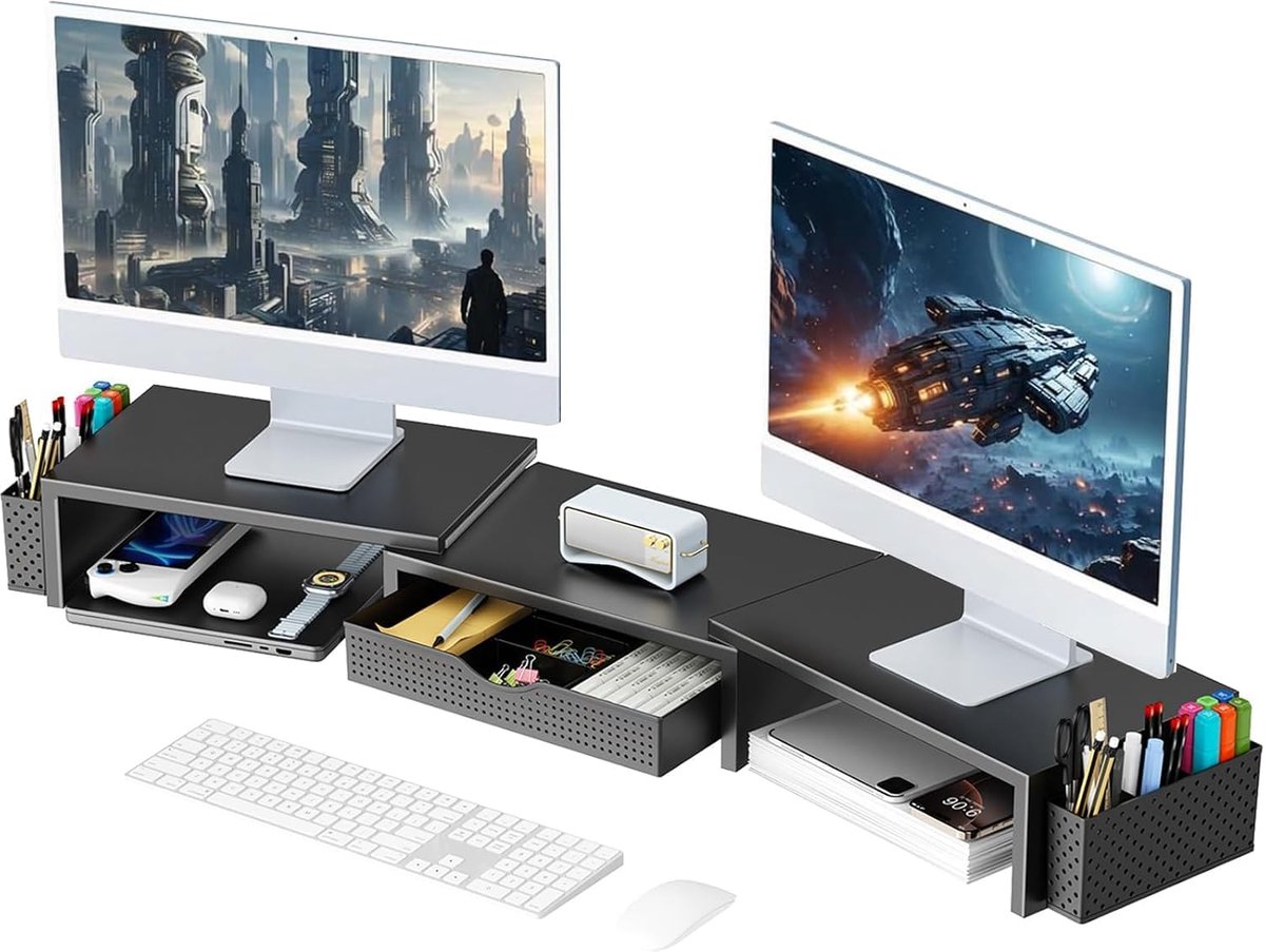 Dubbele Monitorstandaard met Lade en Penhouders voor Laptop, PC en Bureau Organizer Zwart