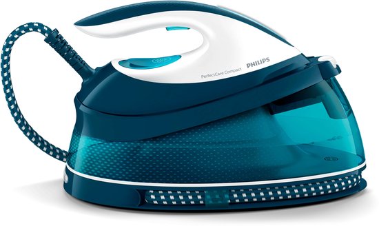 Philips stoomstrijkijzer met stoomgenerator, blauw en wit.