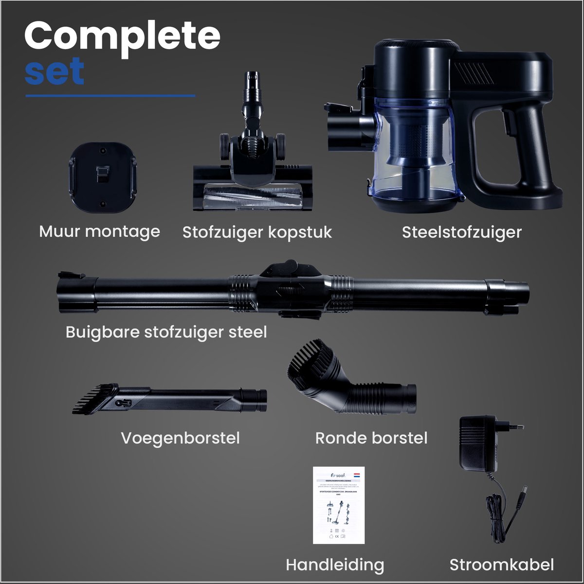Saaf G90 Steelstofzuiger - 250W - Steelstofzuiger Draadloos - Stofzuiger Zonder Zak - 7-delige set met Buigbare Steel - 30kPa - Kruimeldief - Zwart — afbeelding 3